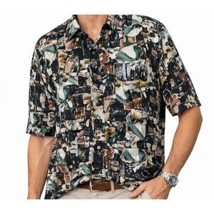 Compass 100% Silk Shirt Mens Medium Abstract Print Hawaiian Camp Shirt